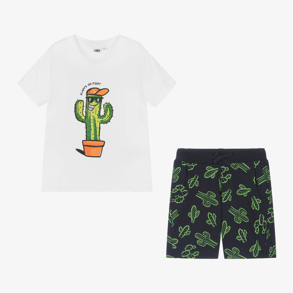 iDO Baby-Boys White & Blue Cotton Cactus Shorts Set | Childrensalon Outlet