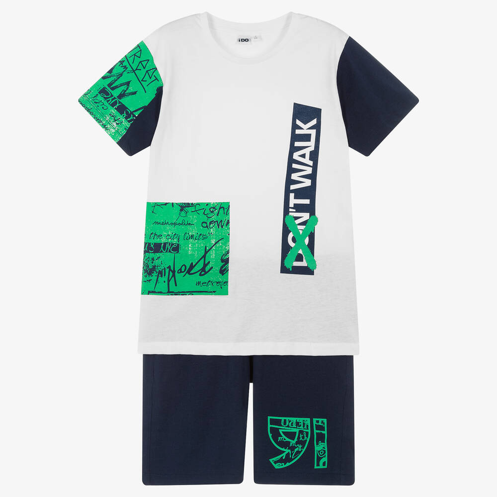 iDO Junior-Boys White & Blue Cotton Shorts Set | Childrensalon Outlet