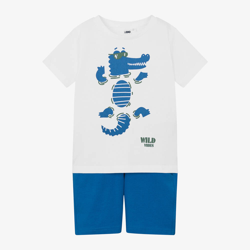 iDO Baby-Boys White & Blue Cotton Shorts Set | Childrensalon Outlet