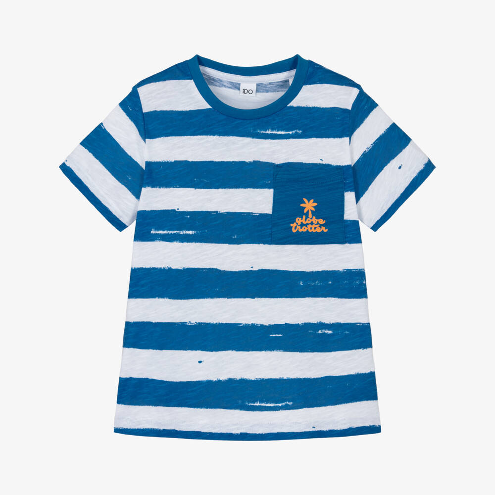 iDO-Boys White & Blue Striped Cotton T-Shirt | Childrensalon Outlet