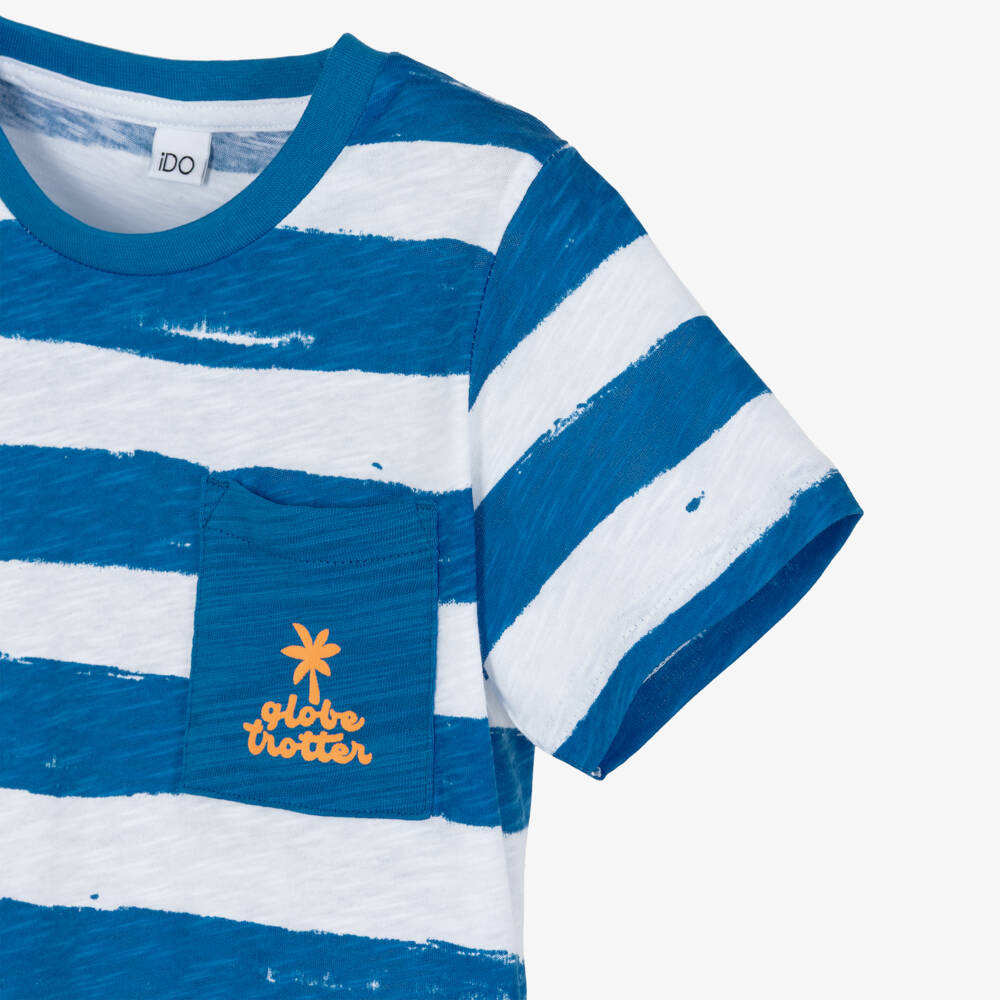 iDO-Boys White & Blue Striped Cotton T-Shirt | Childrensalon Outlet