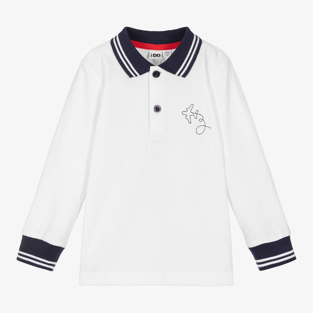 iDO Baby - Boys White Cotton Aeroplane Polo Shirt | Childrensalon