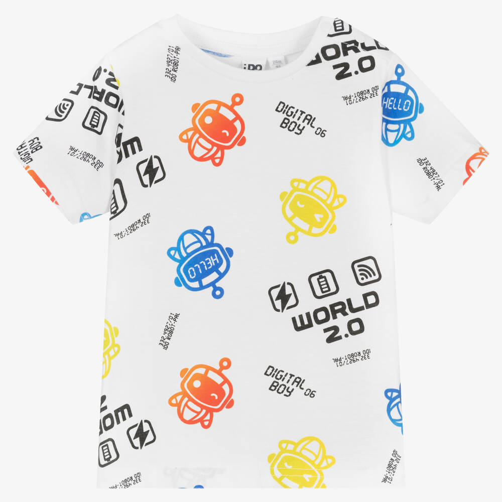 iDO Baby - Boys White Cotton Digital World T-Shirt | Childrensalon