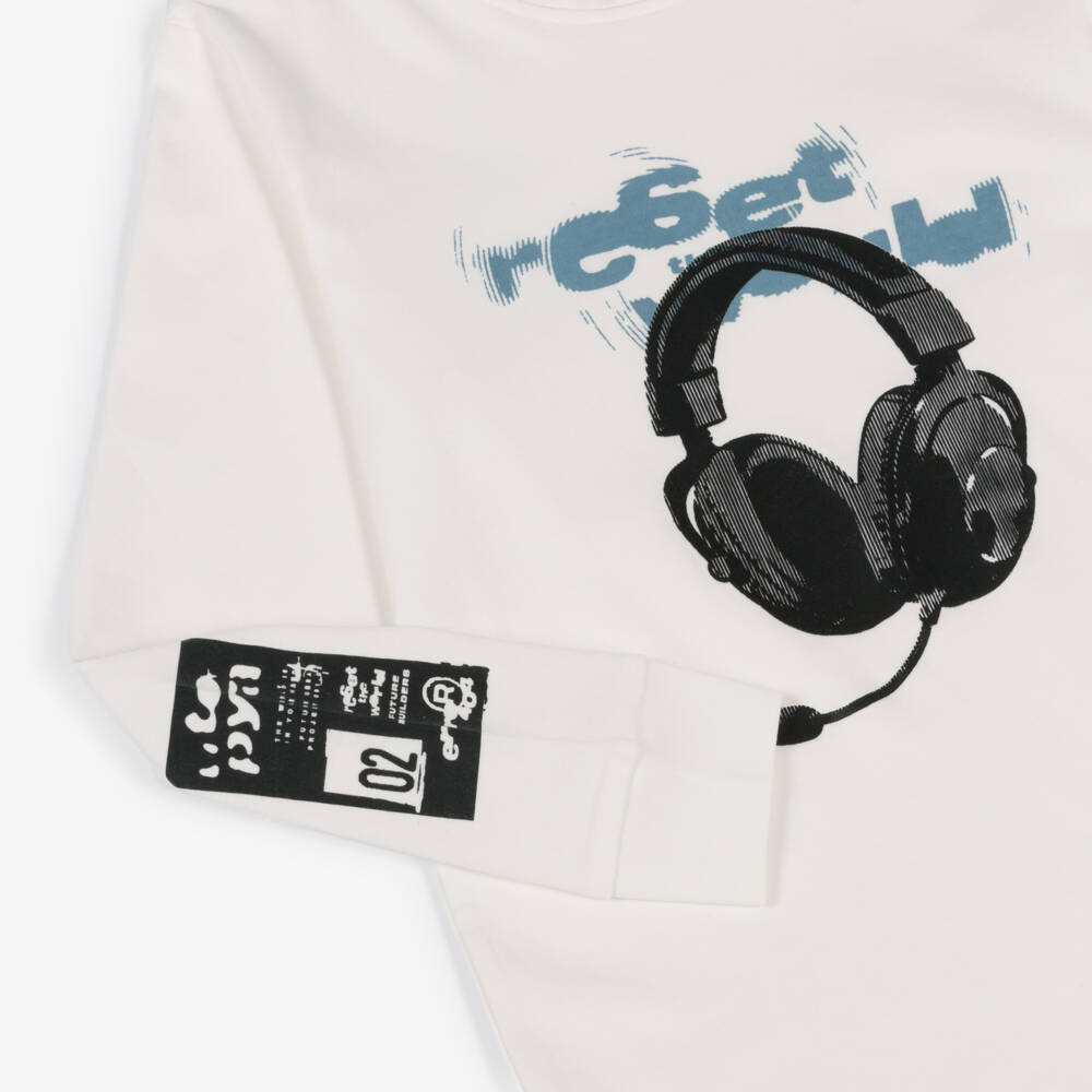 iDO-Boys White Cotton Long Sleeve Top with Headphones Motif | Childrensalon Outlet