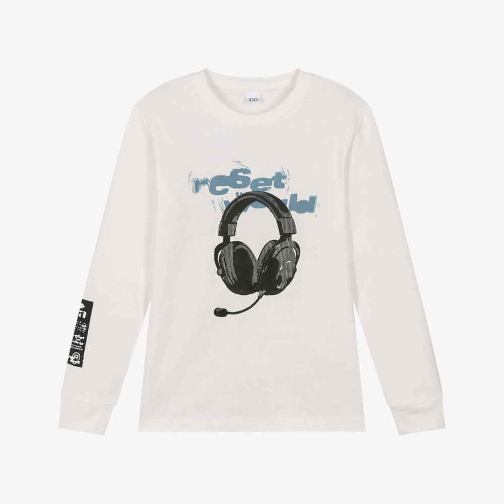 iDO-Boys White Cotton Long Sleeve Top with Headphones Motif | Childrensalon Outlet