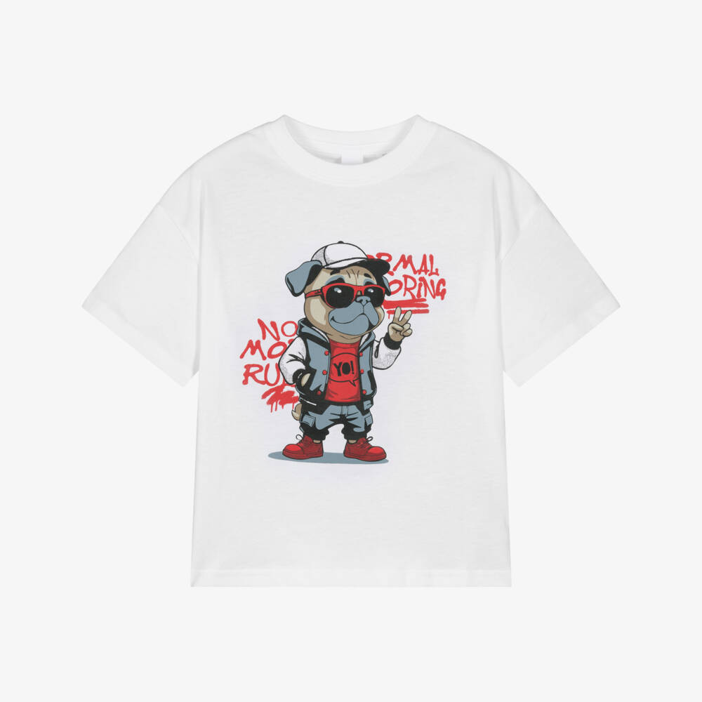 iDO-Boys White Cotton T-Shirt with Cool Dog Graphic | Childrensalon Outlet