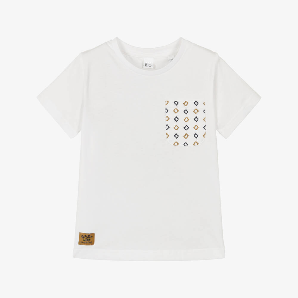 iDO-Boys White Cotton T-Shirt with Patterned Pocket | Childrensalon Outlet