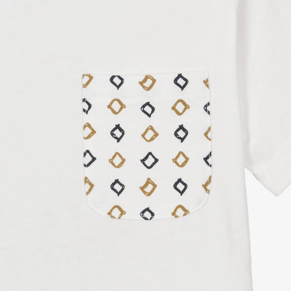 iDO-Boys White Cotton T-Shirt with Patterned Pocket | Childrensalon Outlet
