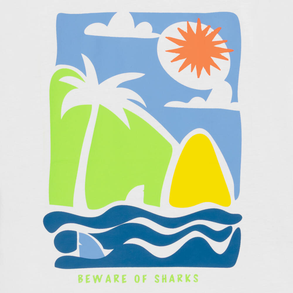 iDO-Boys White Cotton T-Shirt with Seaside & Shark Graphic | Childrensalon Outlet