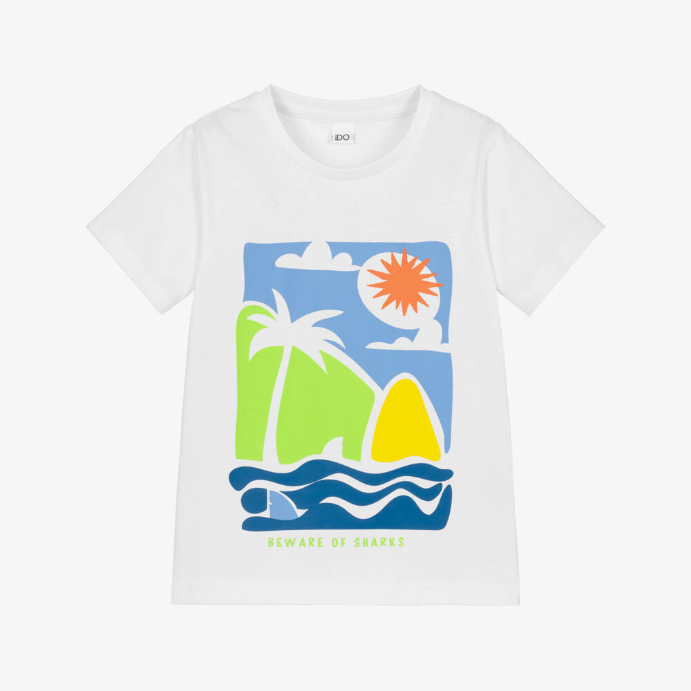 iDO-Boys White Cotton T-Shirt with Seaside & Shark Graphic | Childrensalon Outlet