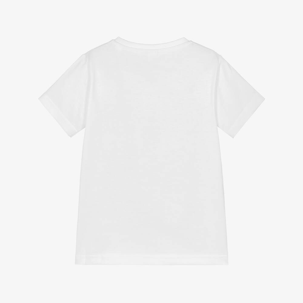 iDO-Boys White Cotton T-Shirt with Seaside & Shark Graphic | Childrensalon Outlet