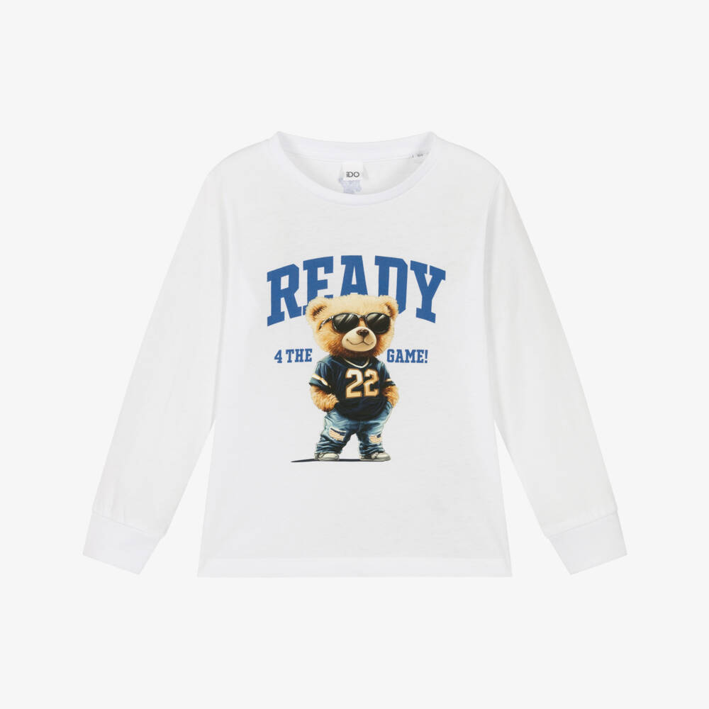 iDO-Boys White Cotton Top with Teddy Bear Graphic | Childrensalon Outlet