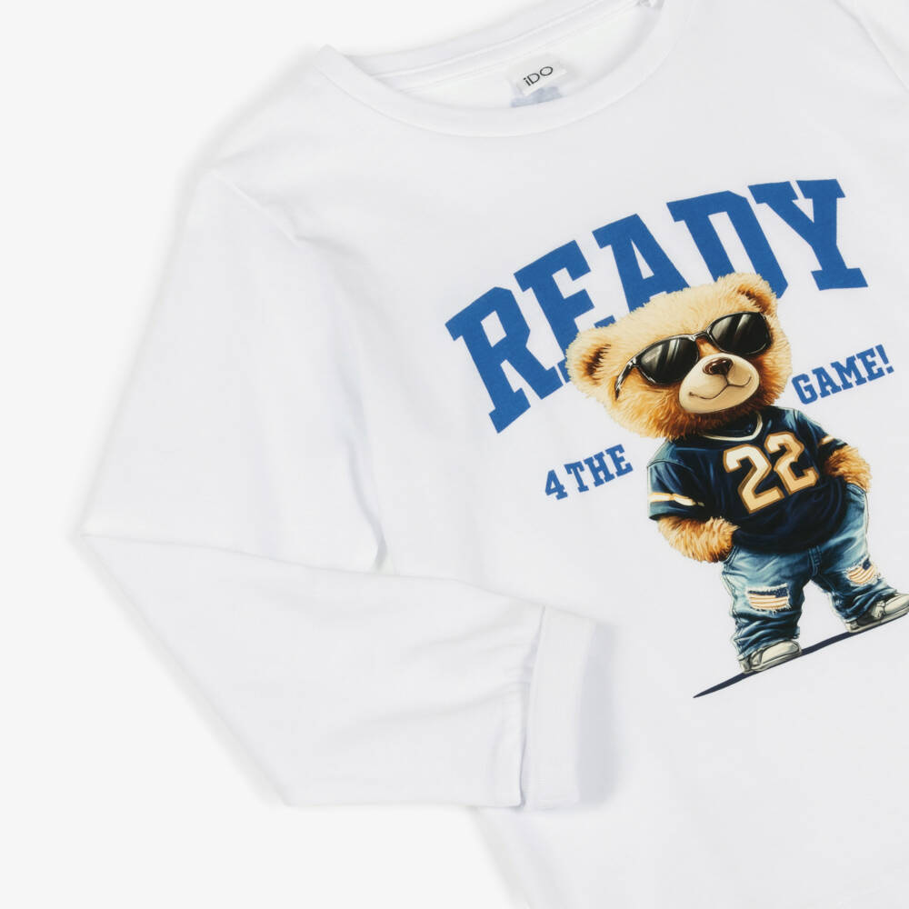 iDO-Boys White Cotton Top with Teddy Bear Graphic | Childrensalon Outlet
