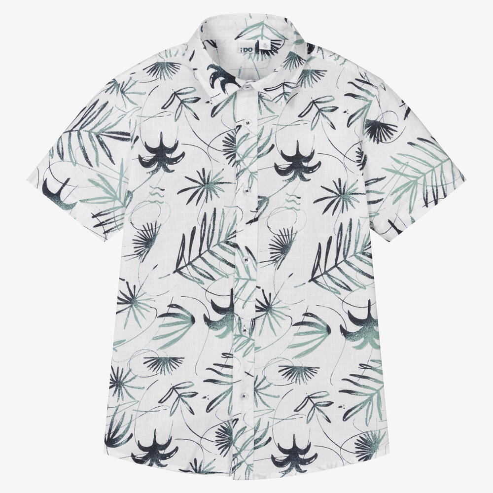 iDO Junior - Boys White & Green Cotton Floral Shirt | Childrensalon