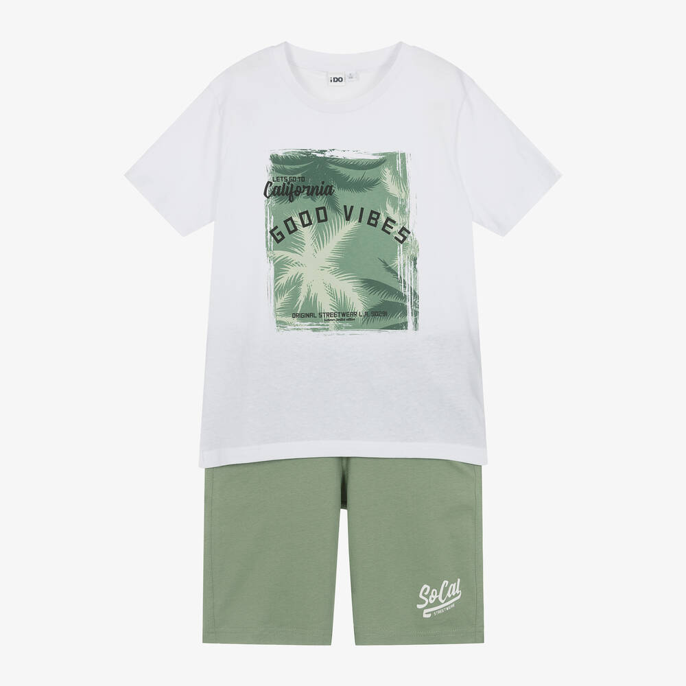 iDO Junior-Boys White & Green Cotton Shorts Set | Childrensalon Outlet