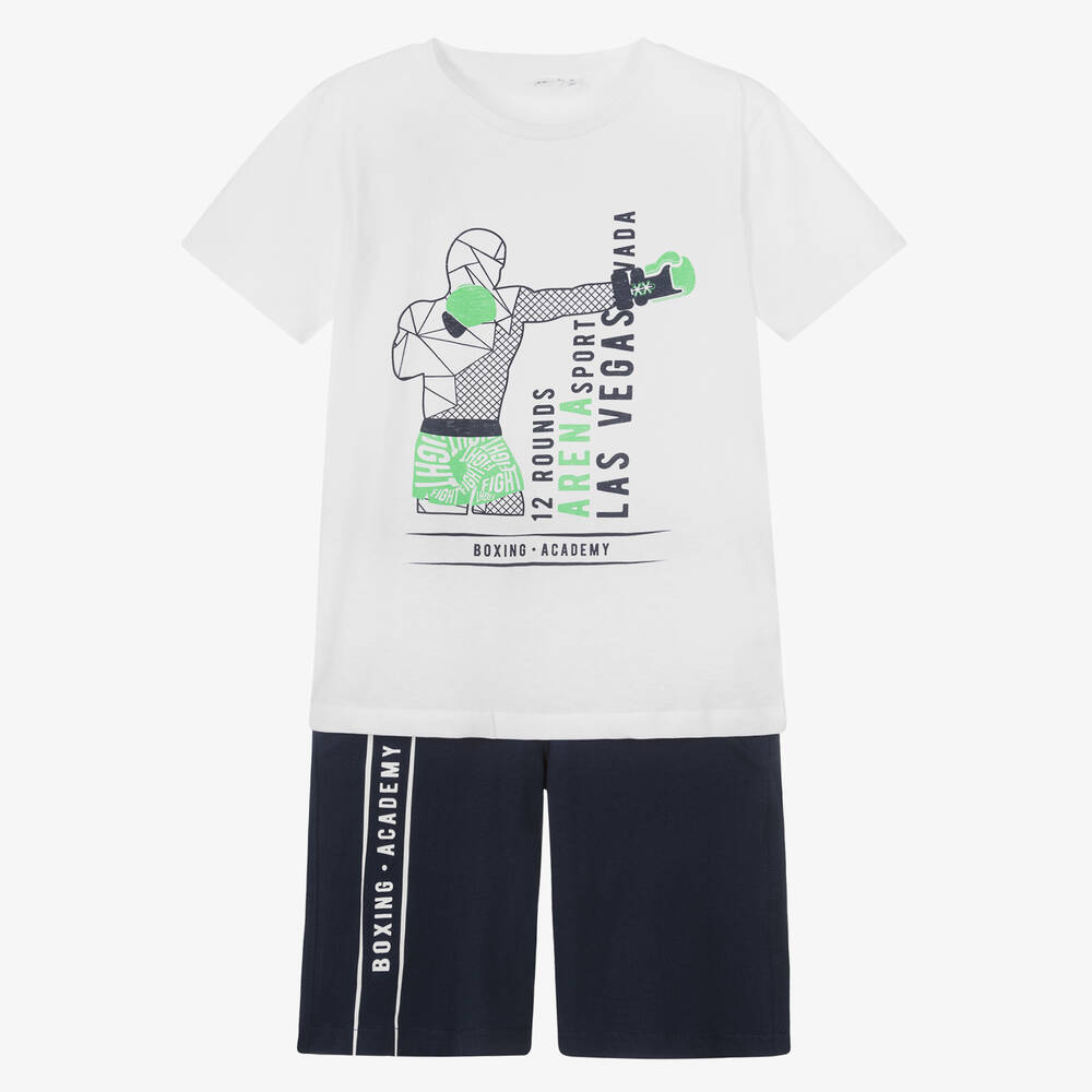 iDO Junior-Boys White & Navy Blue Cotton Shorts Set | Childrensalon Outlet