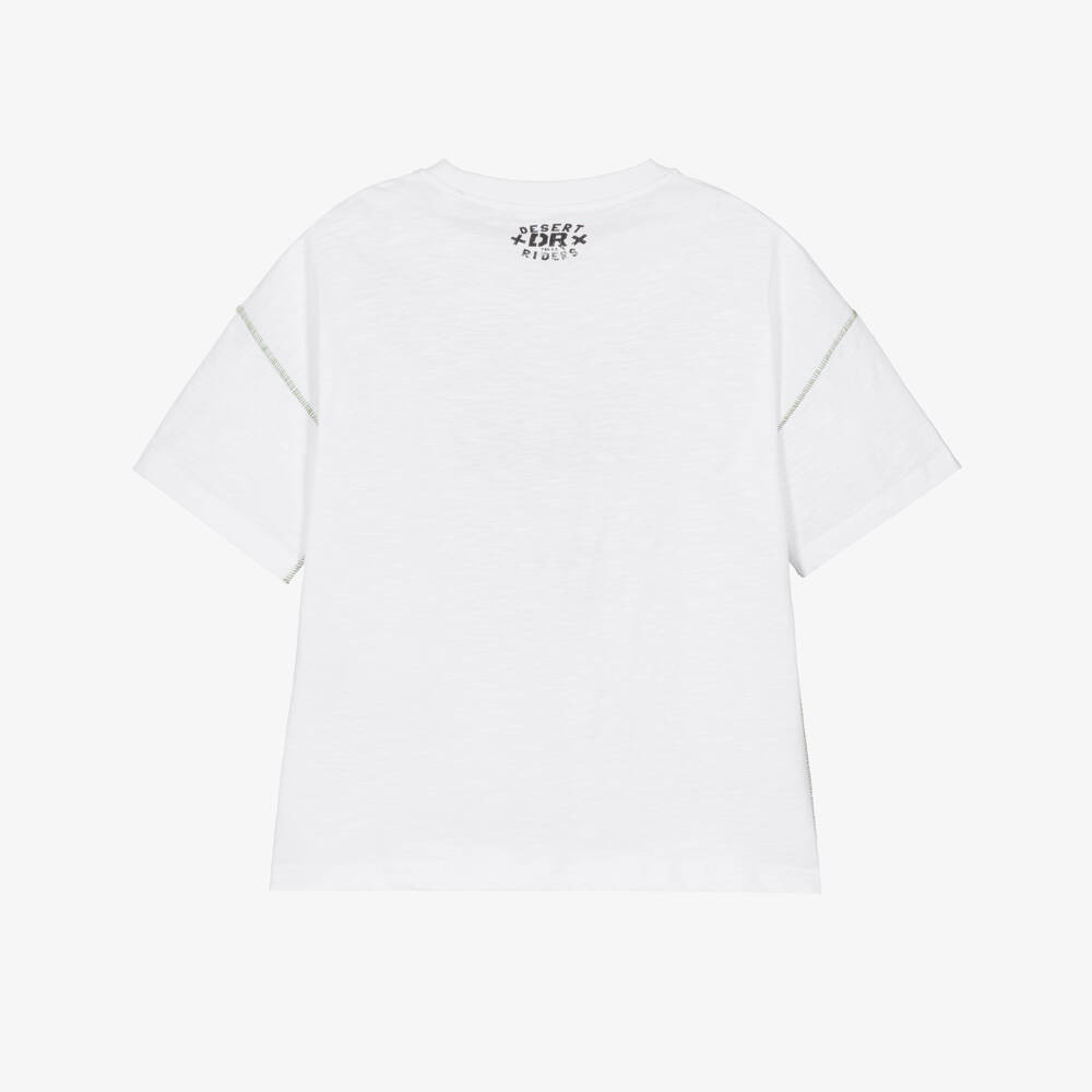 iDO-Boys White Slubbed Cotton T-Shirt with Biker Graphic | Childrensalon Outlet