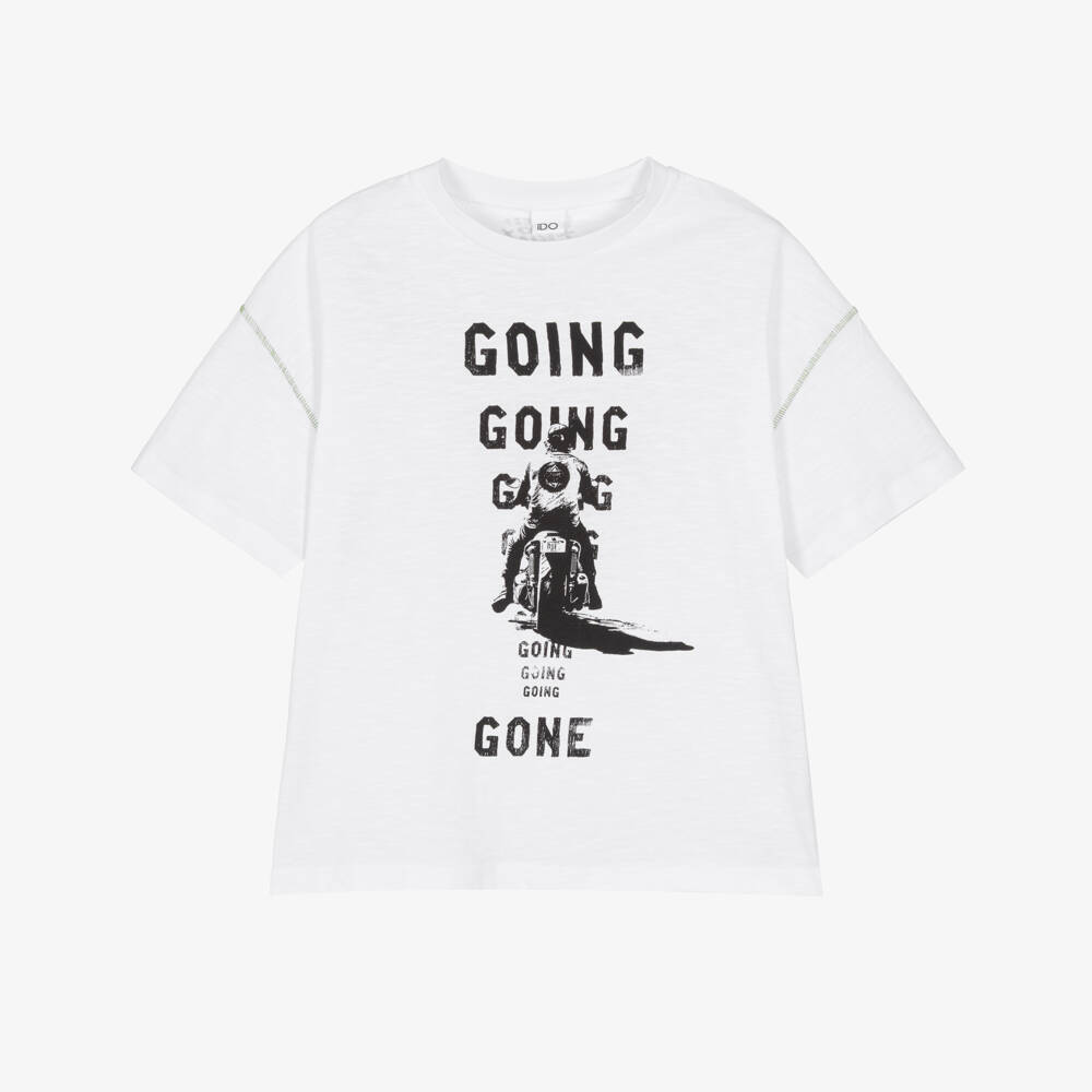 iDO-Boys White Slubbed Cotton T-Shirt with Biker Graphic | Childrensalon Outlet