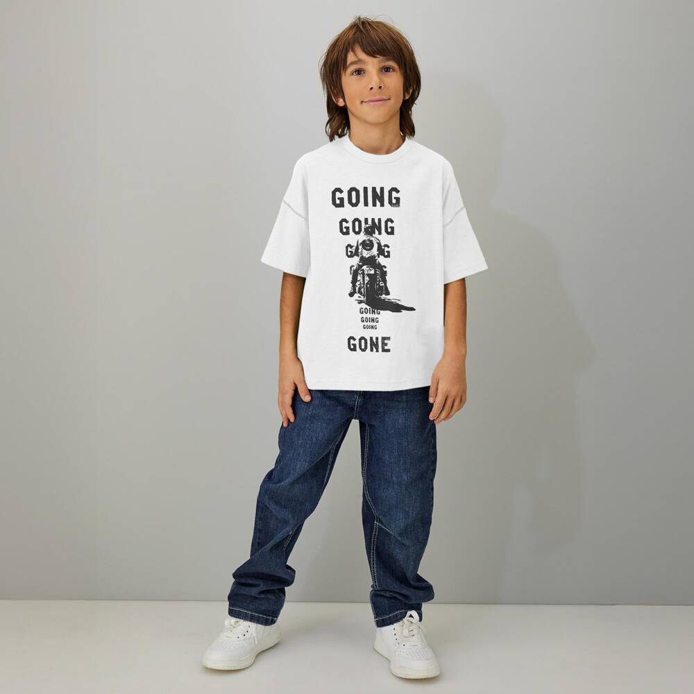 iDO-Boys White Slubbed Cotton T-Shirt with Biker Graphic | Childrensalon Outlet