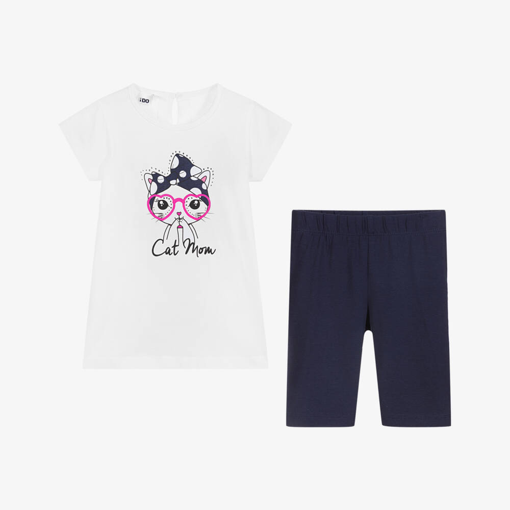 iDO Baby-طقم شورت وتوب قطن جيرسي لون أبيض وكحلي للبنات | Childrensalon Outlet