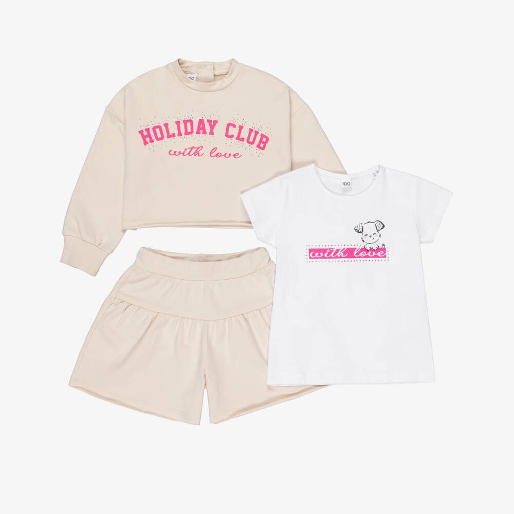 iDO-Girls Beige Cotton Jersey Shorts Set with White T-Shirt | Childrensalon Outlet