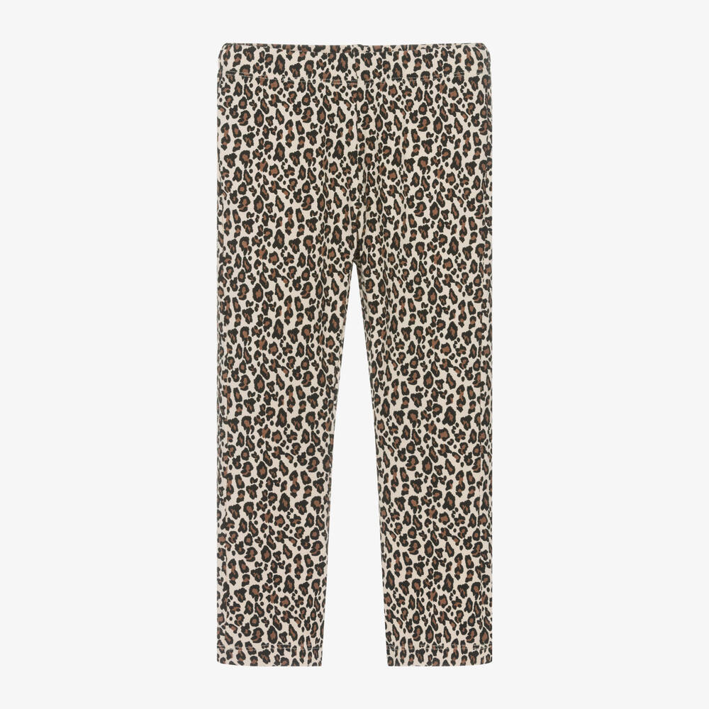 Girls Beige Cotton Leopard Print Leggings