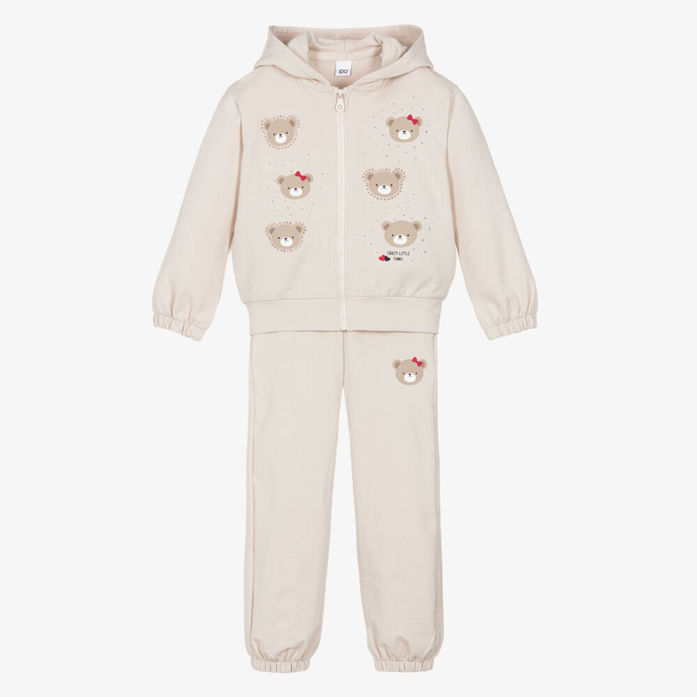 iDO-Girls Beige Cotton Teddy Bears Tracksuit | Childrensalon Outlet