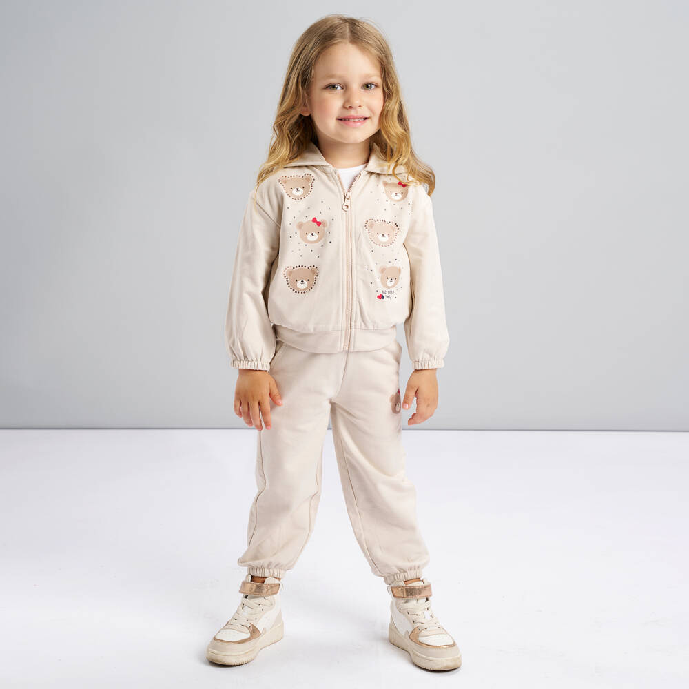 iDO-Girls Beige Cotton Teddy Bears Tracksuit | Childrensalon Outlet