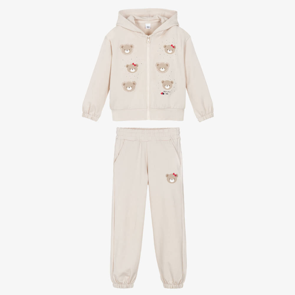 iDO-Girls Beige Cotton Teddy Bears Tracksuit | Childrensalon Outlet