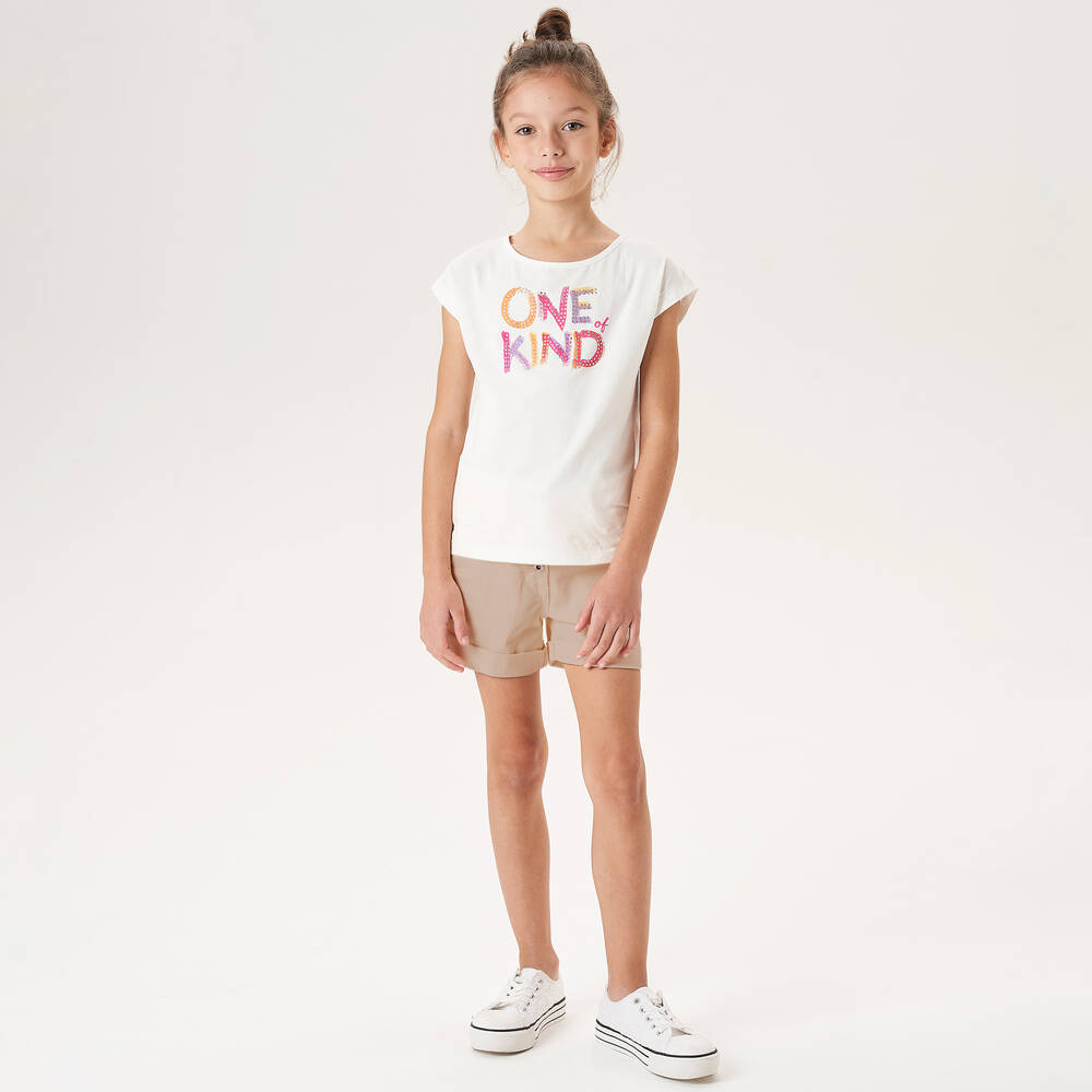 iDO Junior-Girls Beige Cotton Twill Button-Up Shorts | Childrensalon Outlet
