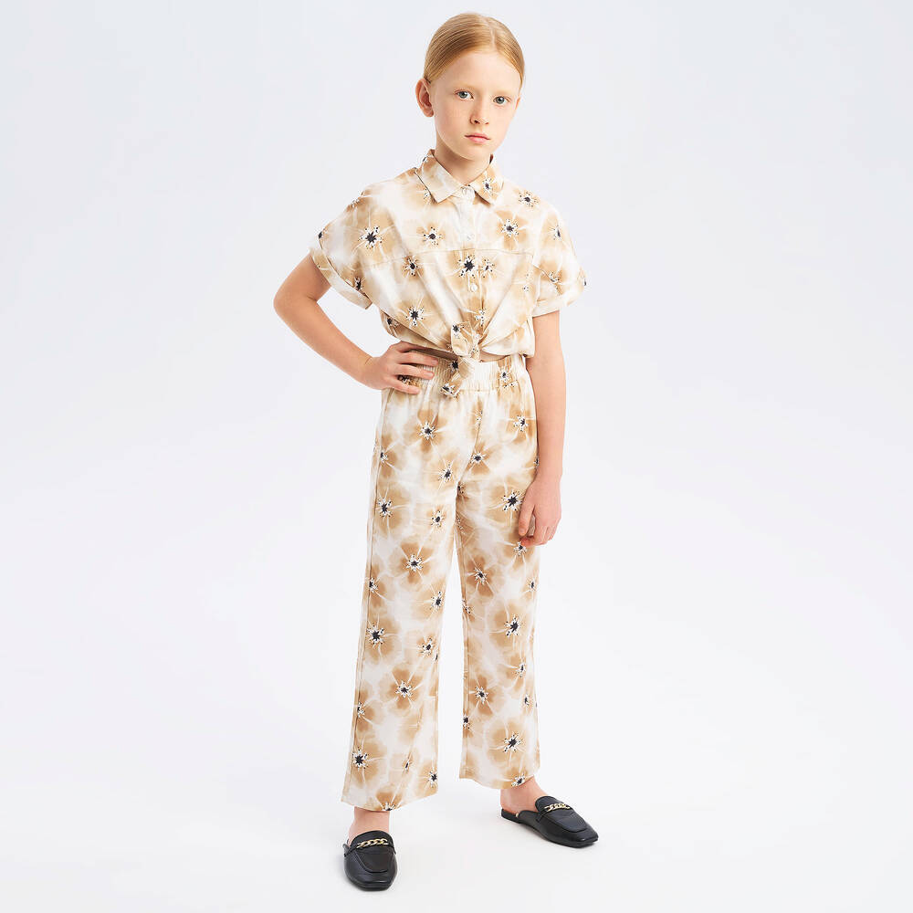 iDO Junior-Girls Beige Floral Cotton Trouser Set | Childrensalon Outlet