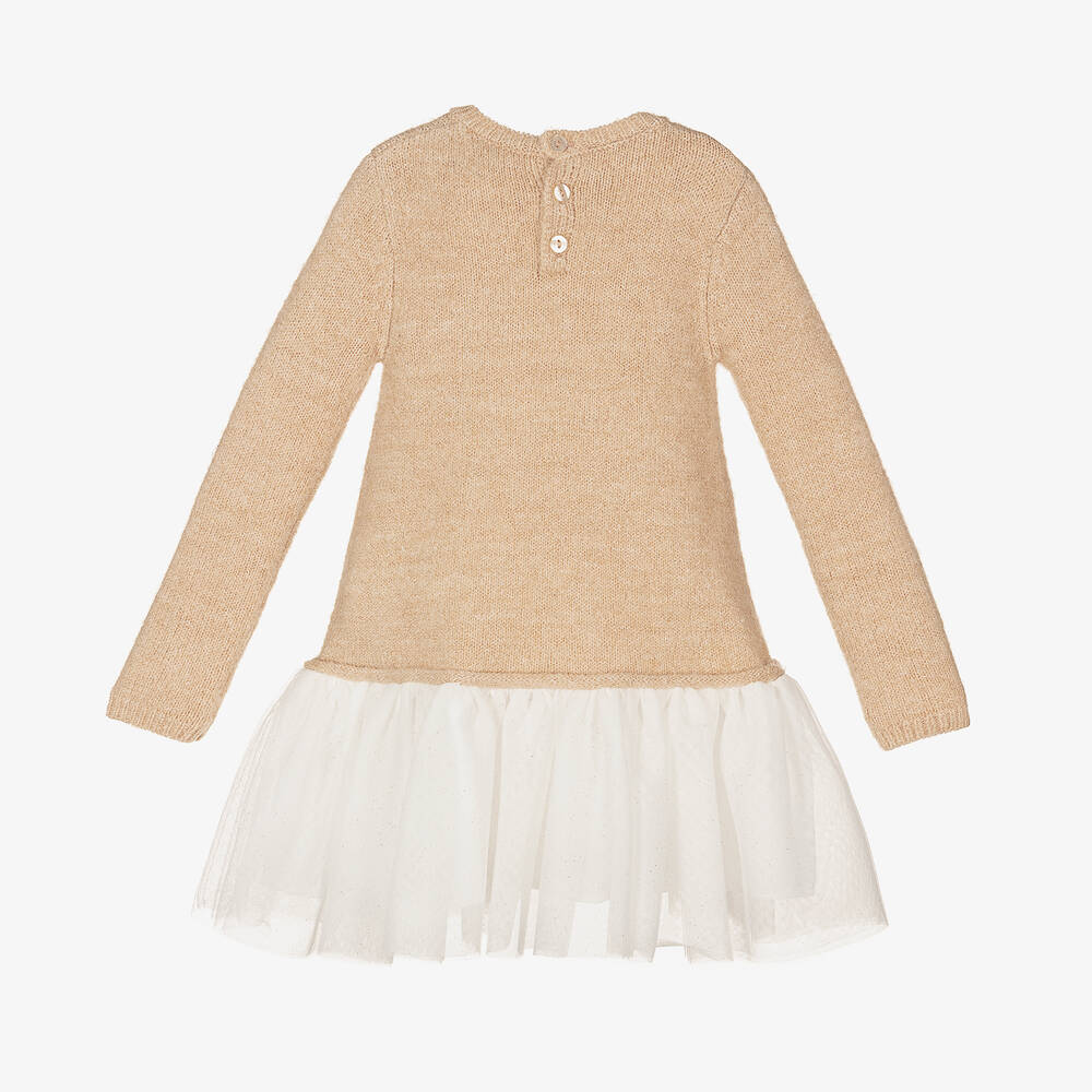 iDO Малыши-Бежевое трикотажное платье с белой юбкой из тюля | Childrensalon Outlet