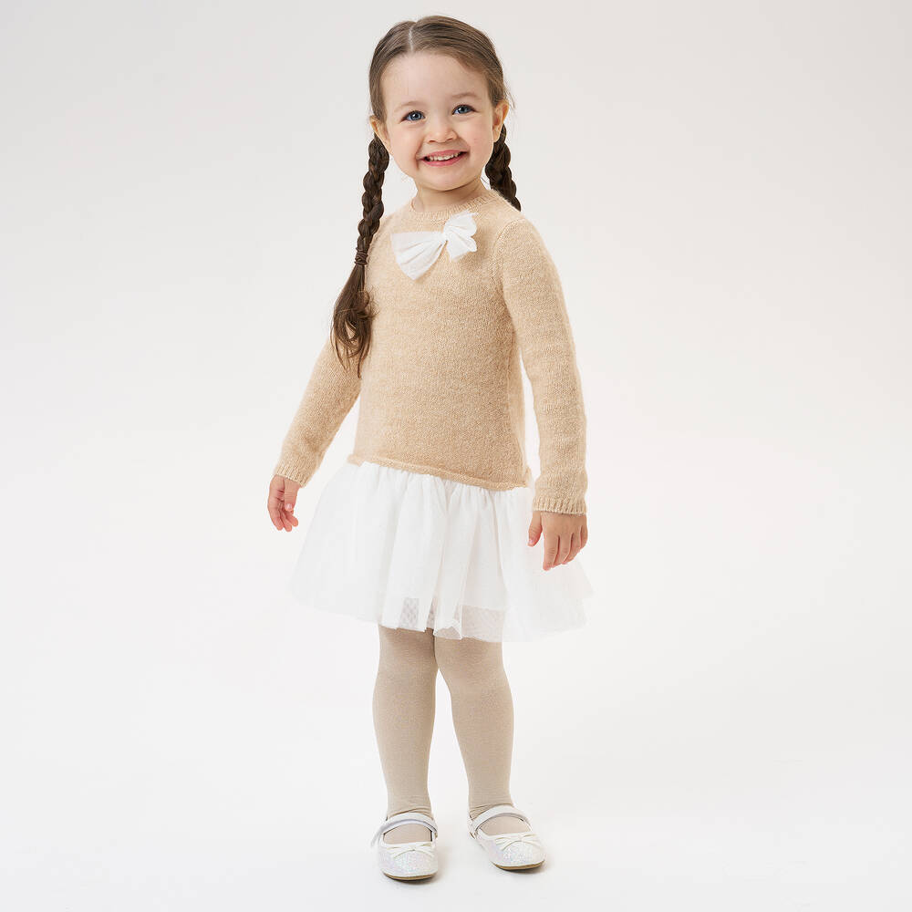 iDO Малыши-Бежевое трикотажное платье с белой юбкой из тюля | Childrensalon Outlet