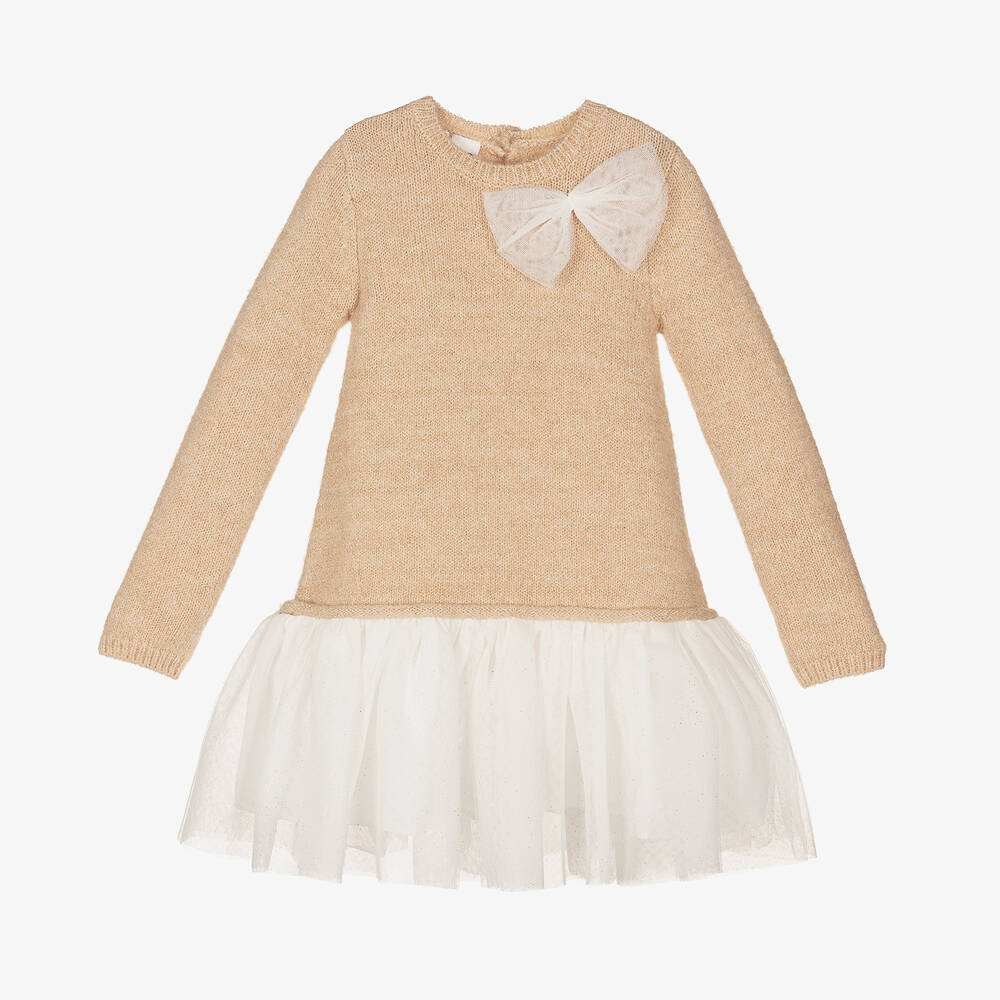 iDO Baby - Girls Beige Knit & White Tulle Dress | Childrensalon Outlet