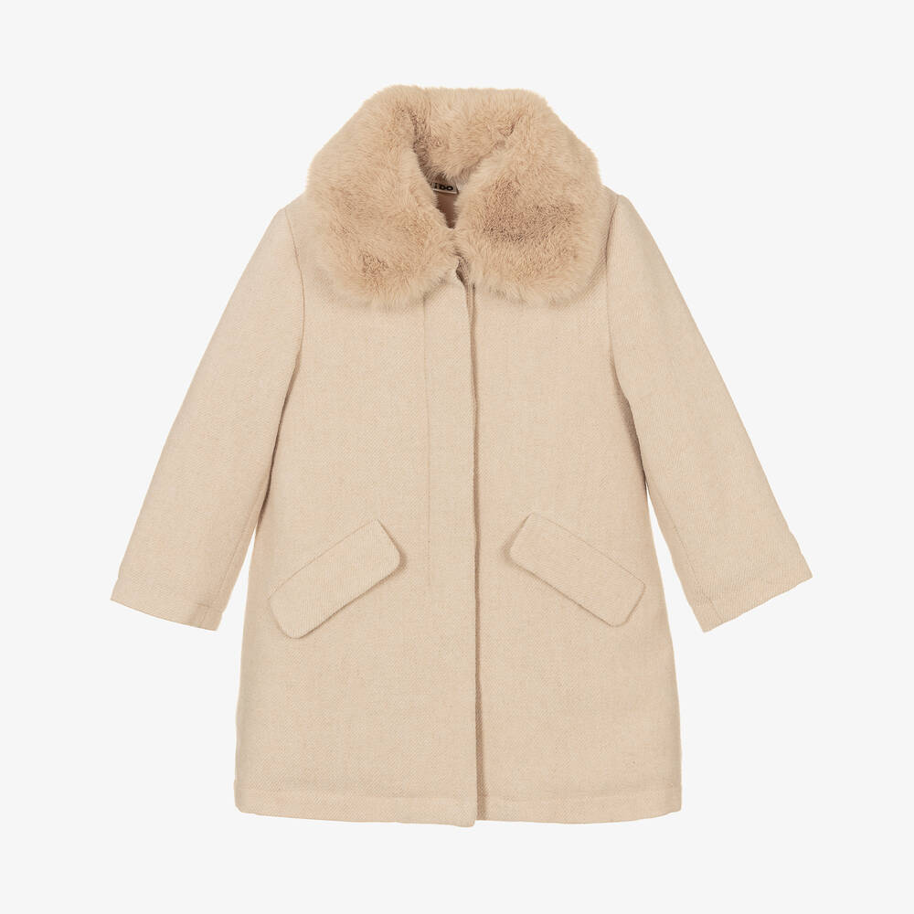 iDO Baby - Girls Beige Twill & Faux Fur Collar Coat | Childrensalon