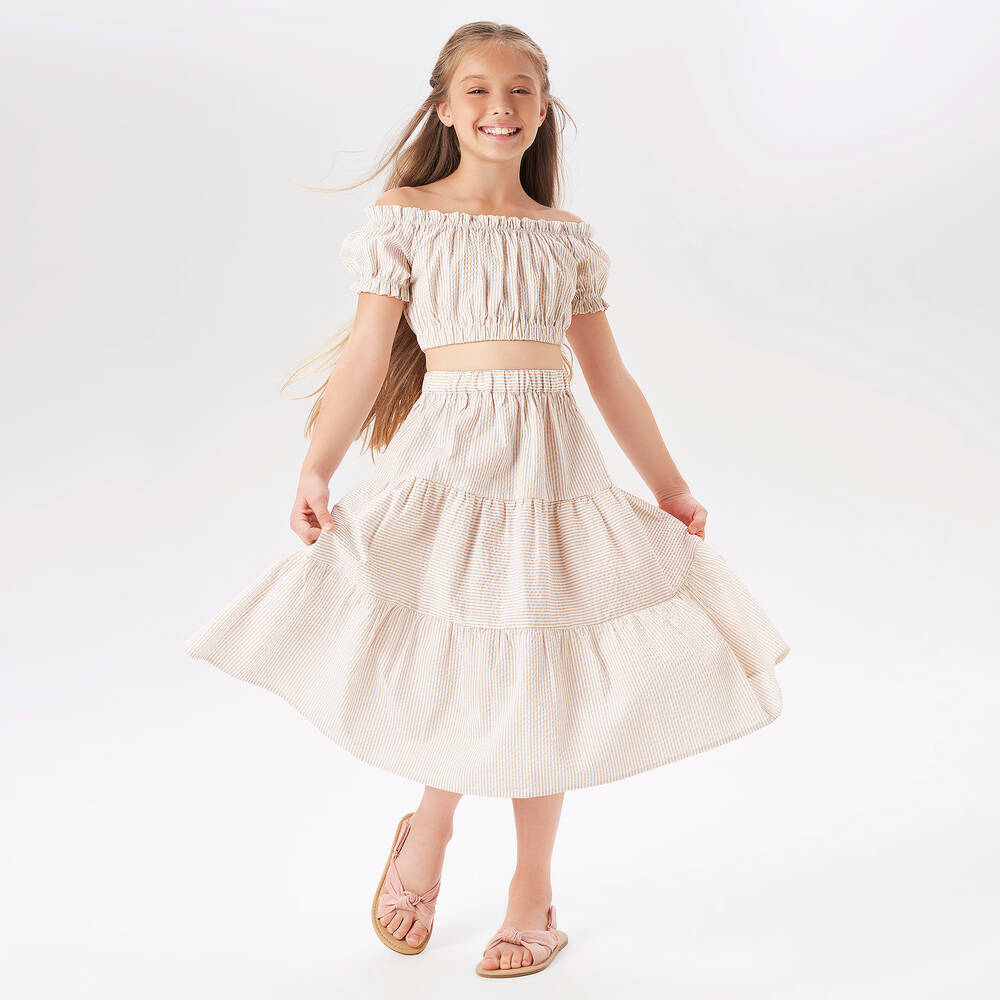 iDO Для младших-Бежево-белый топ и юбка в полоску | Childrensalon Outlet