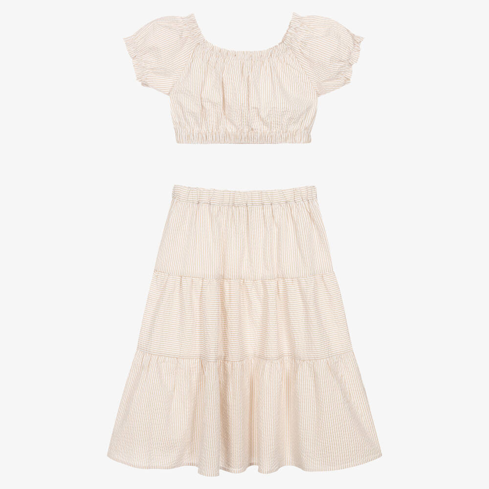 iDO Junior - Girls Beige & White Stripe Cotton Skirt Set | Childrensalon
