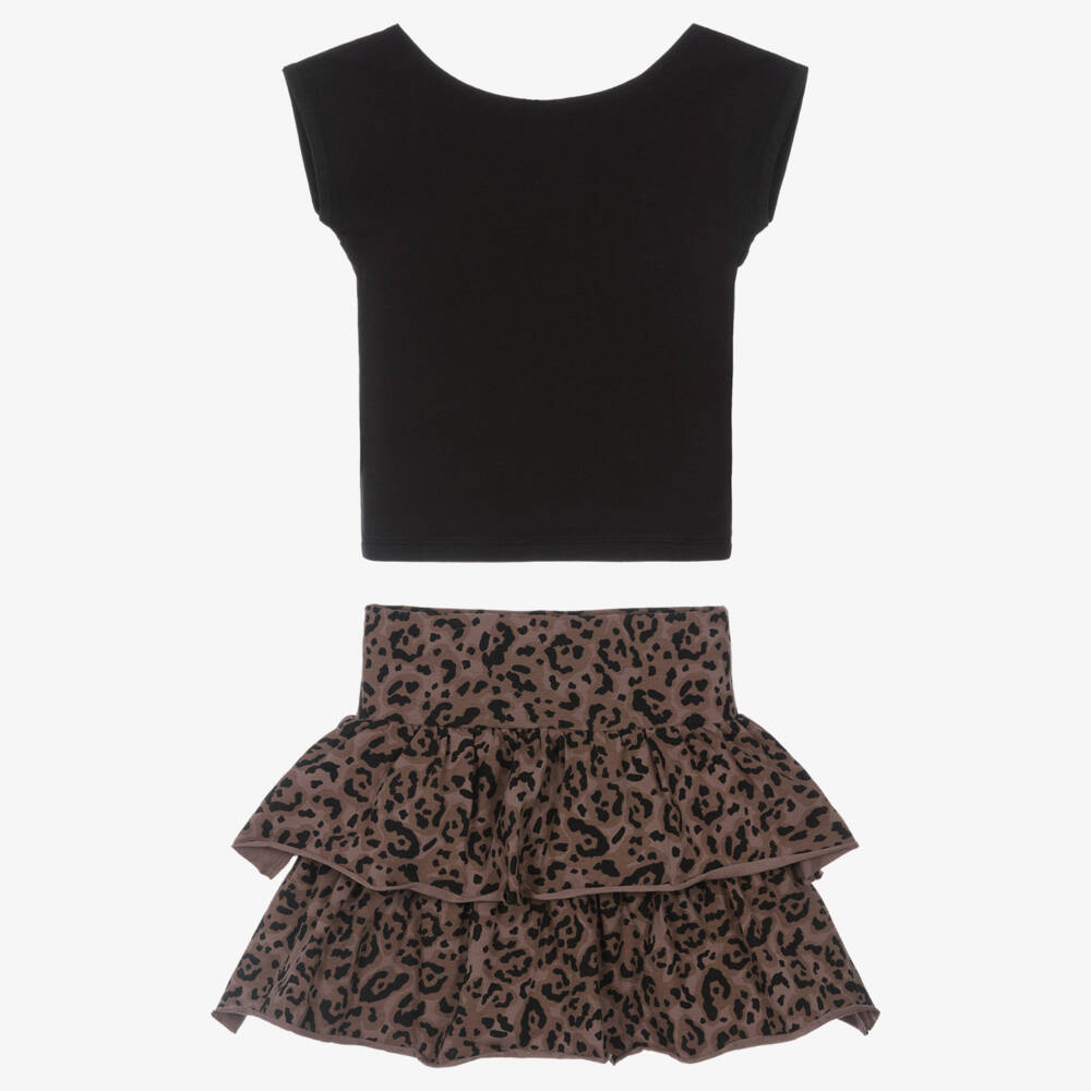 iDO-Girls Black & Brown Leopard Print Skirt Set | Childrensalon Outlet