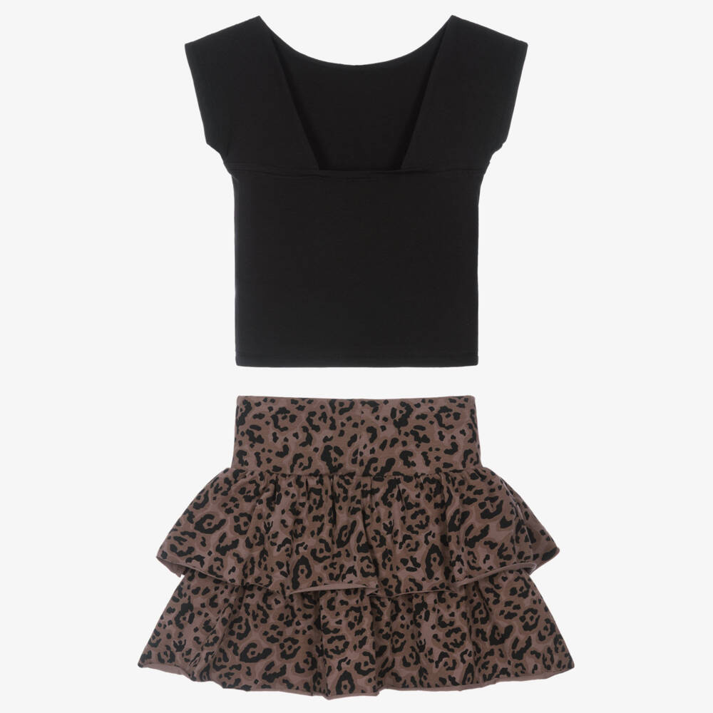 iDO-Girls Black & Brown Leopard Print Skirt Set | Childrensalon Outlet