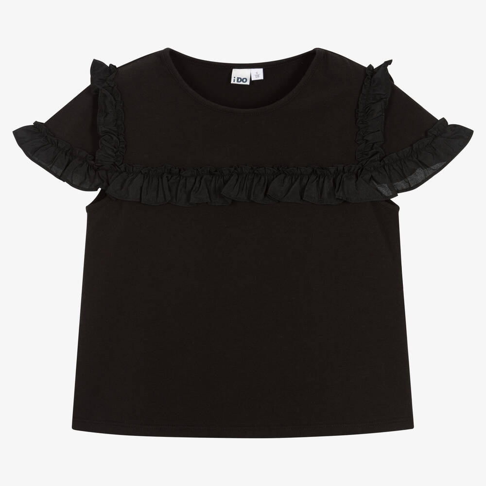 iDO Junior - Girls Black Cotton T-Shirt | Childrensalon