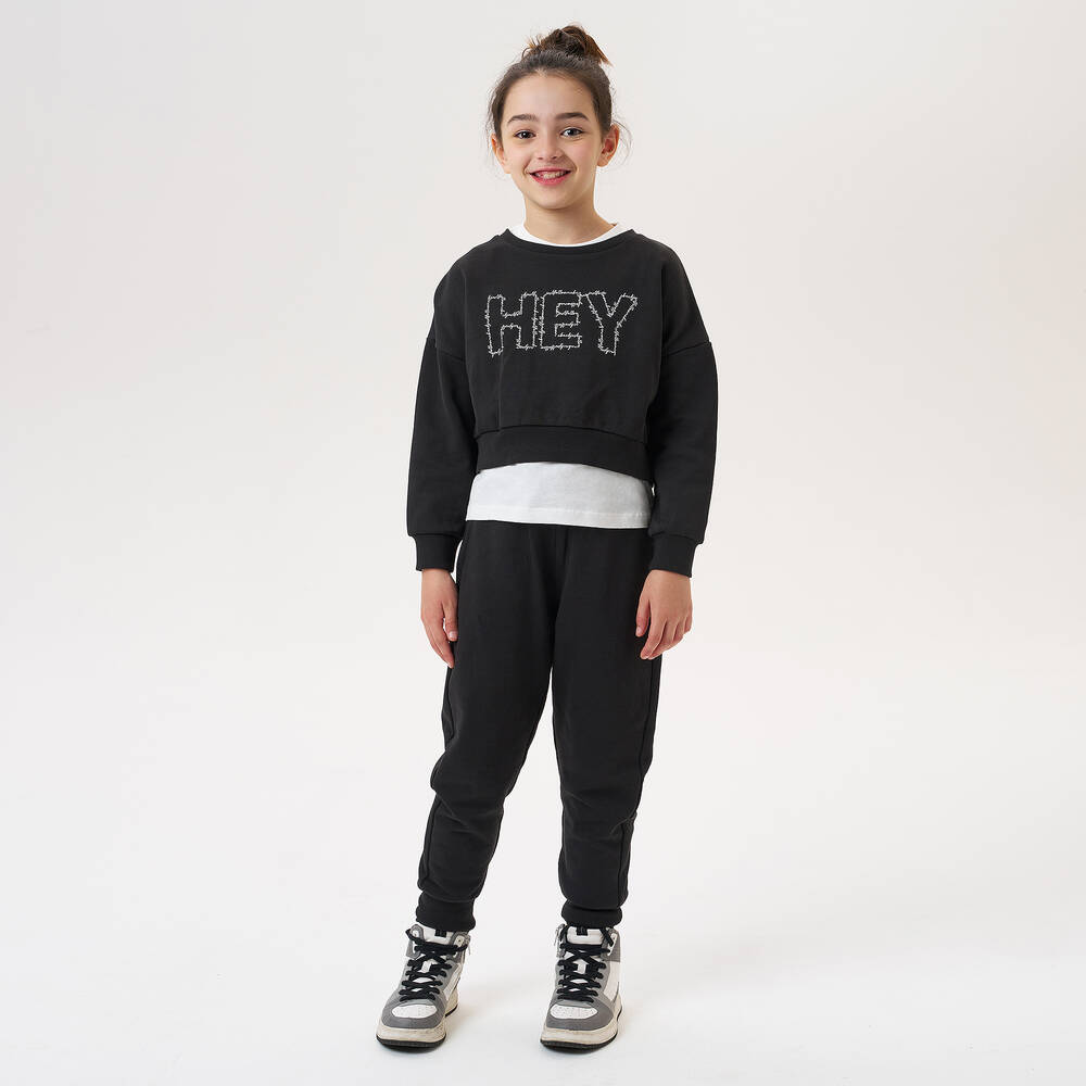 iDO Junior-Girls Black Cotton Tracksuit Set | Childrensalon Outlet