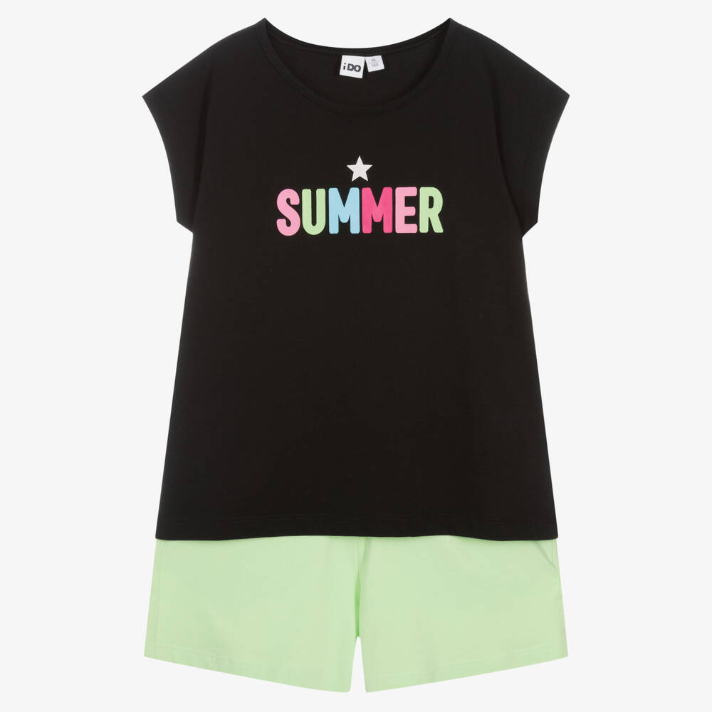 iDO Junior-Girls Black & Green Cotton Shorts Set | Childrensalon Outlet