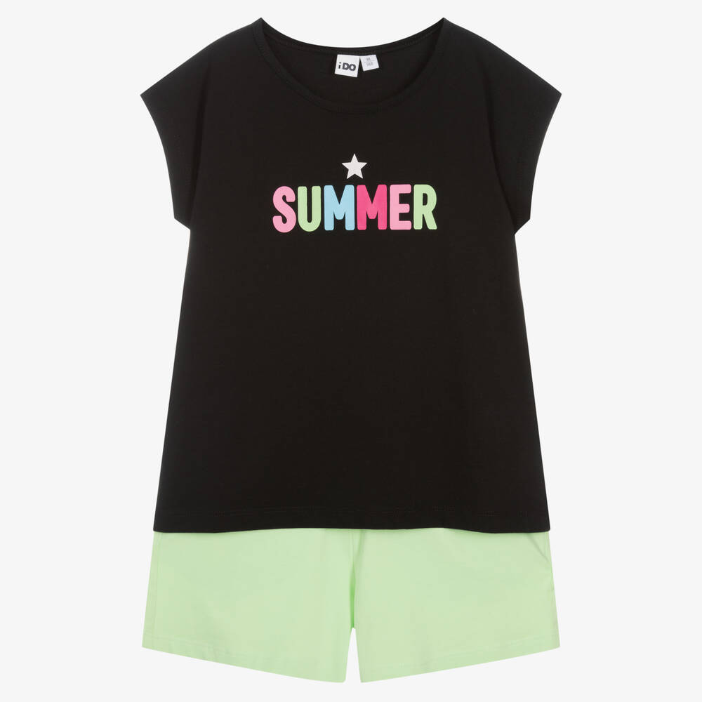 iDO Junior - Girls Black & Green Cotton Shorts Set | Childrensalon