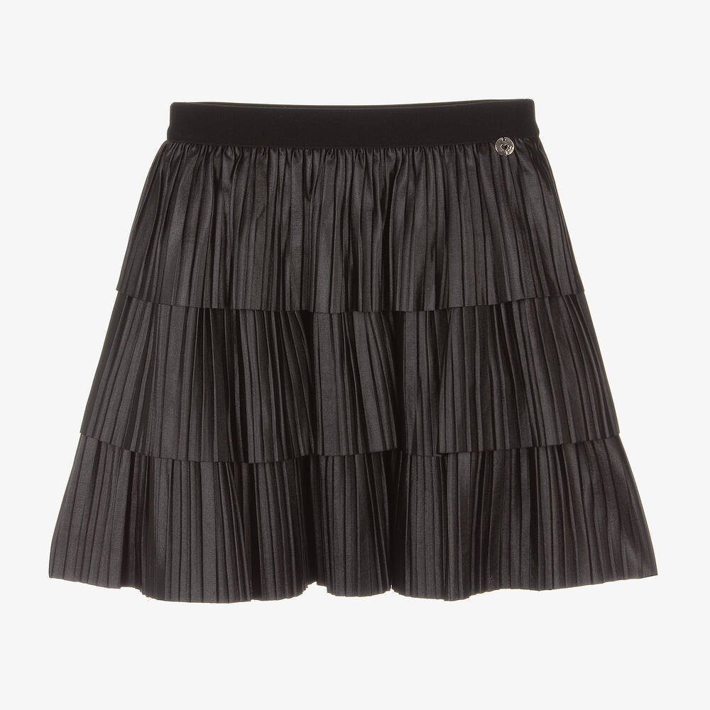 iDO Junior - Girls Black Pleated & Tiered Satin Skirt | Childrensalon