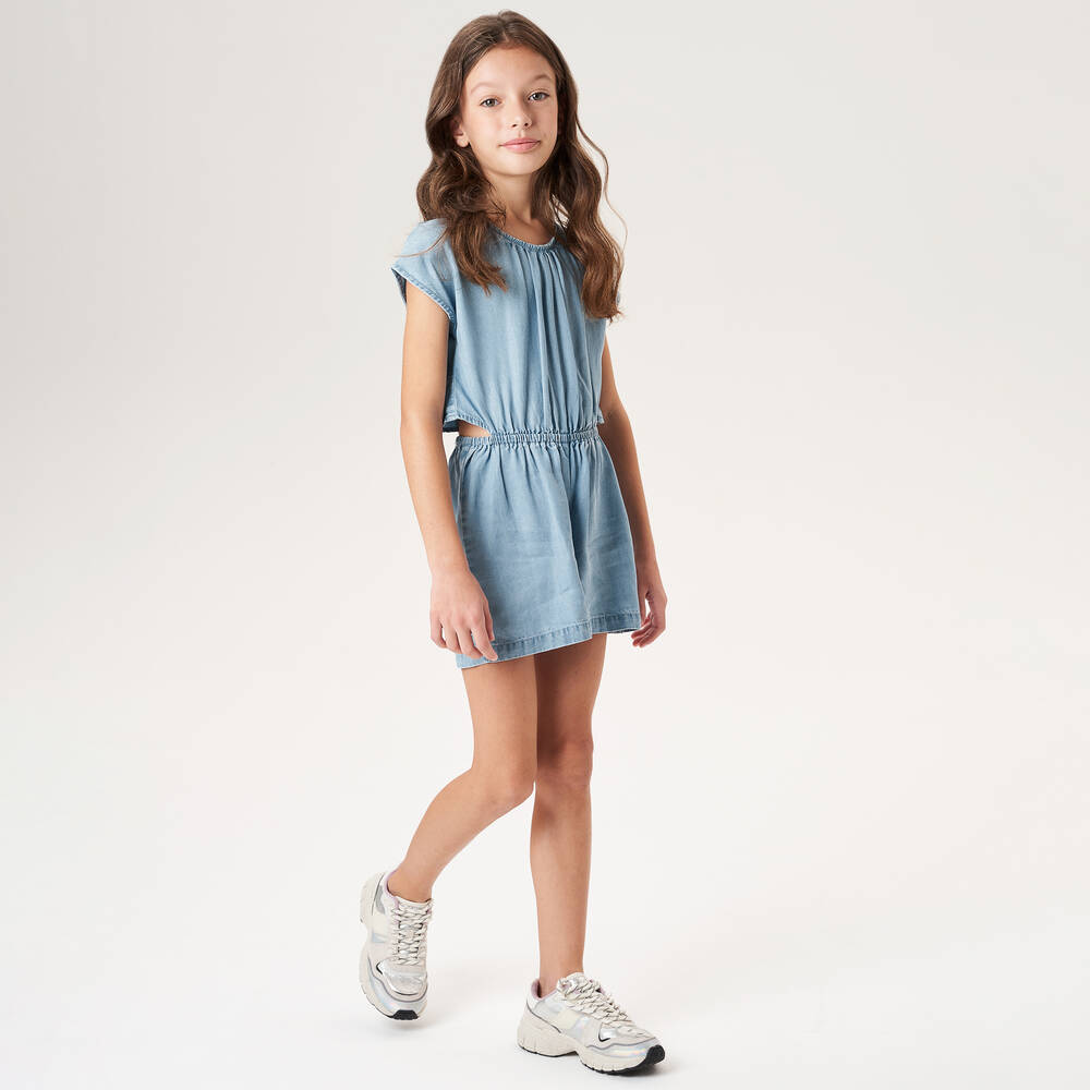 iDO Junior-Girls Blue Chambray Cut Out Playsuit | Childrensalon Outlet