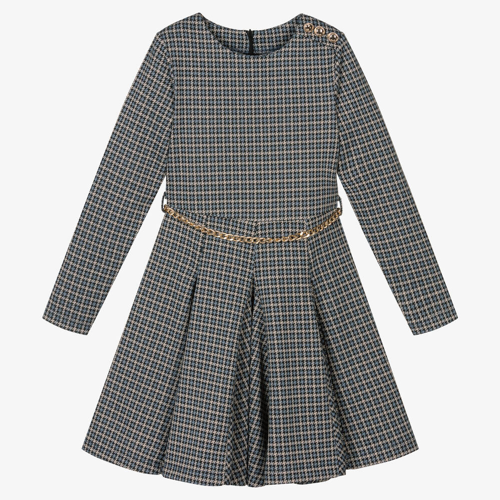 iDO Junior - Girls Blue Checked Houndstooth Jersey Dress | Childrensalon