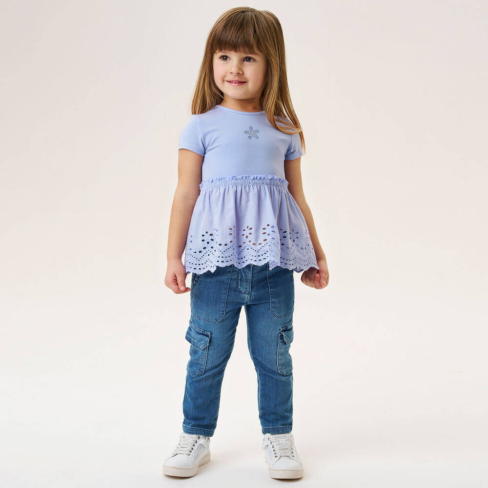 iDO Baby-تيشيرت قطن برودوري لون أزرق للبنات | Childrensalon Outlet