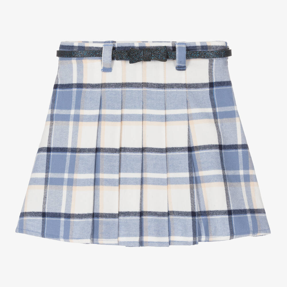 iDO Baby - Girls Blue Cotton Pleated Tartan Skirt | Childrensalon