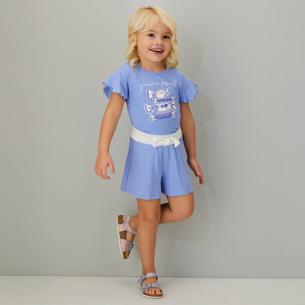 iDO-Girls Blue Cotton Shorts Set with Sweets Graphic | Childrensalon Outlet