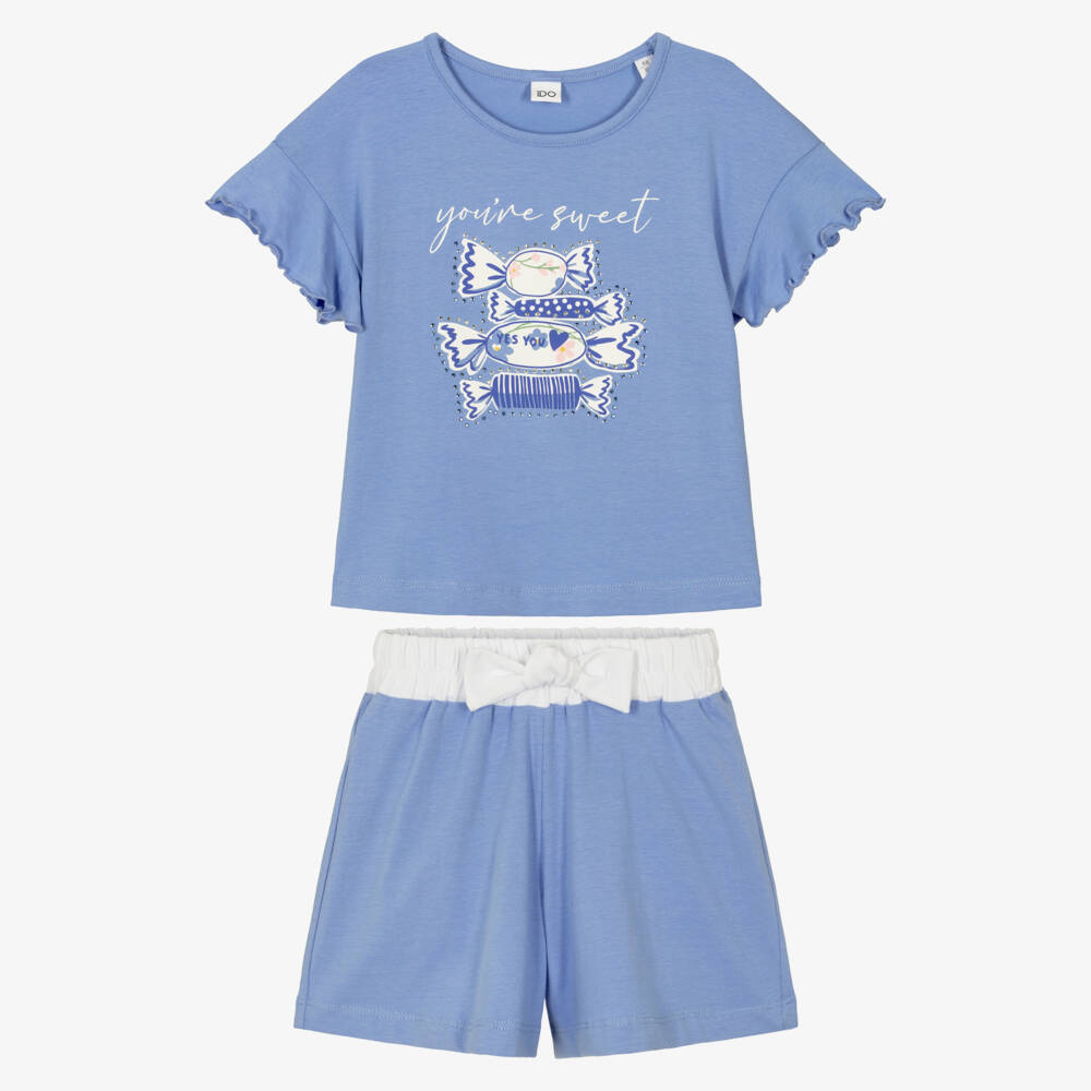 iDO-Girls Blue Cotton Shorts Set with Sweets Graphic | Childrensalon Outlet